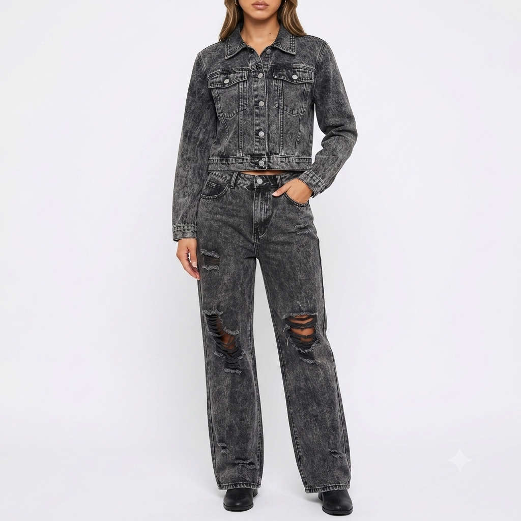 Women's Distressed Cropped Denim Set