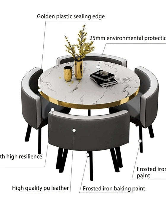 Modern Nordic Round Dining Table Set  5pc Marble Look MDF Table with 4 PU Leather Chairs