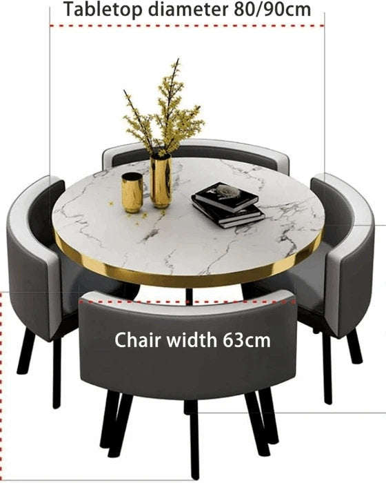 Modern Nordic Round Dining Table Set  5pc Marble Look MDF Table with 4 PU Leather Chairs