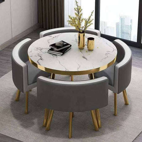 Modern Nordic Round Dining Table Set  5pc Marble Look MDF Table with 4 PU Leather Chairs