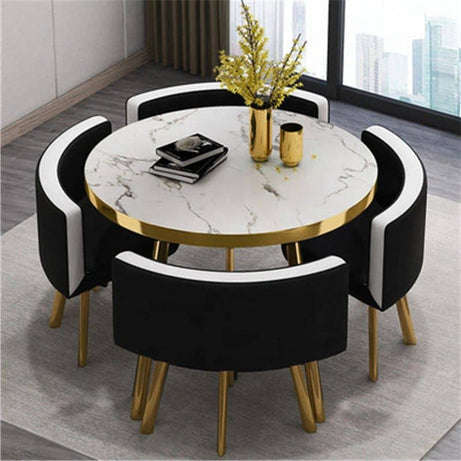 Modern Nordic Round Dining Table Set  5pc Marble Look MDF Table with 4 PU Leather Chairs