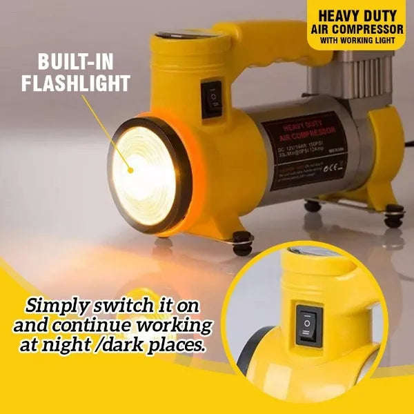 Heavy Duty Air Compressor With Flash Light, 12V 150PSI 35LPM, Electric Tire Inflator, Analog Air ...