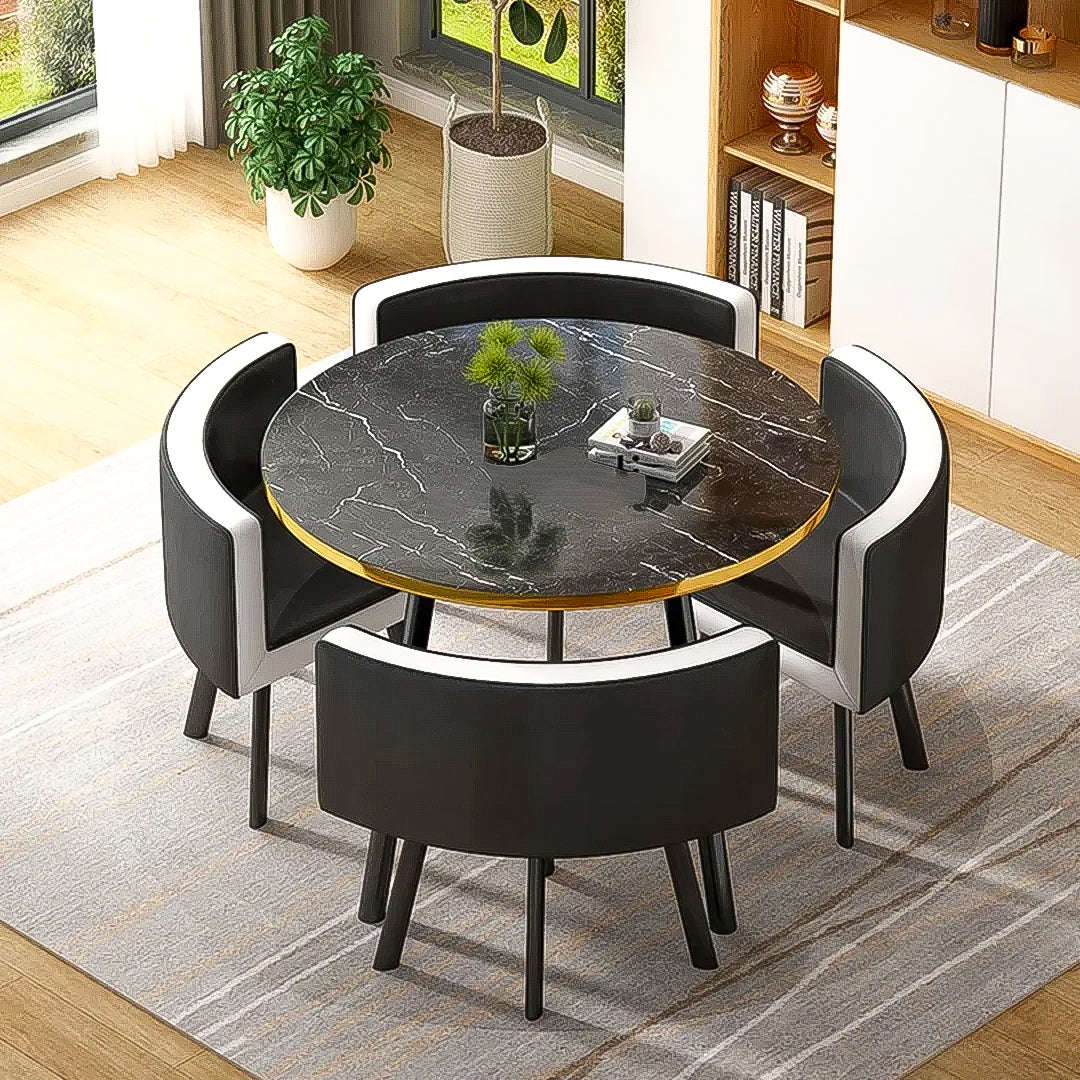 Modern Nordic Round Dining Table Set  5pc Marble Look MDF Table with 4 PU Leather Chairs