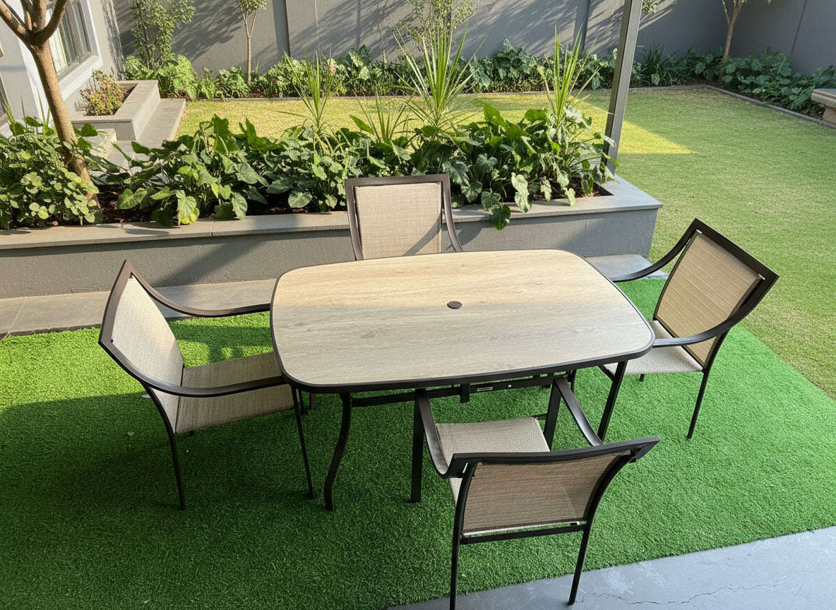 MFurn Judy Inspired 5Pc Patio Dining Set with Plastic Marble Look Table Top