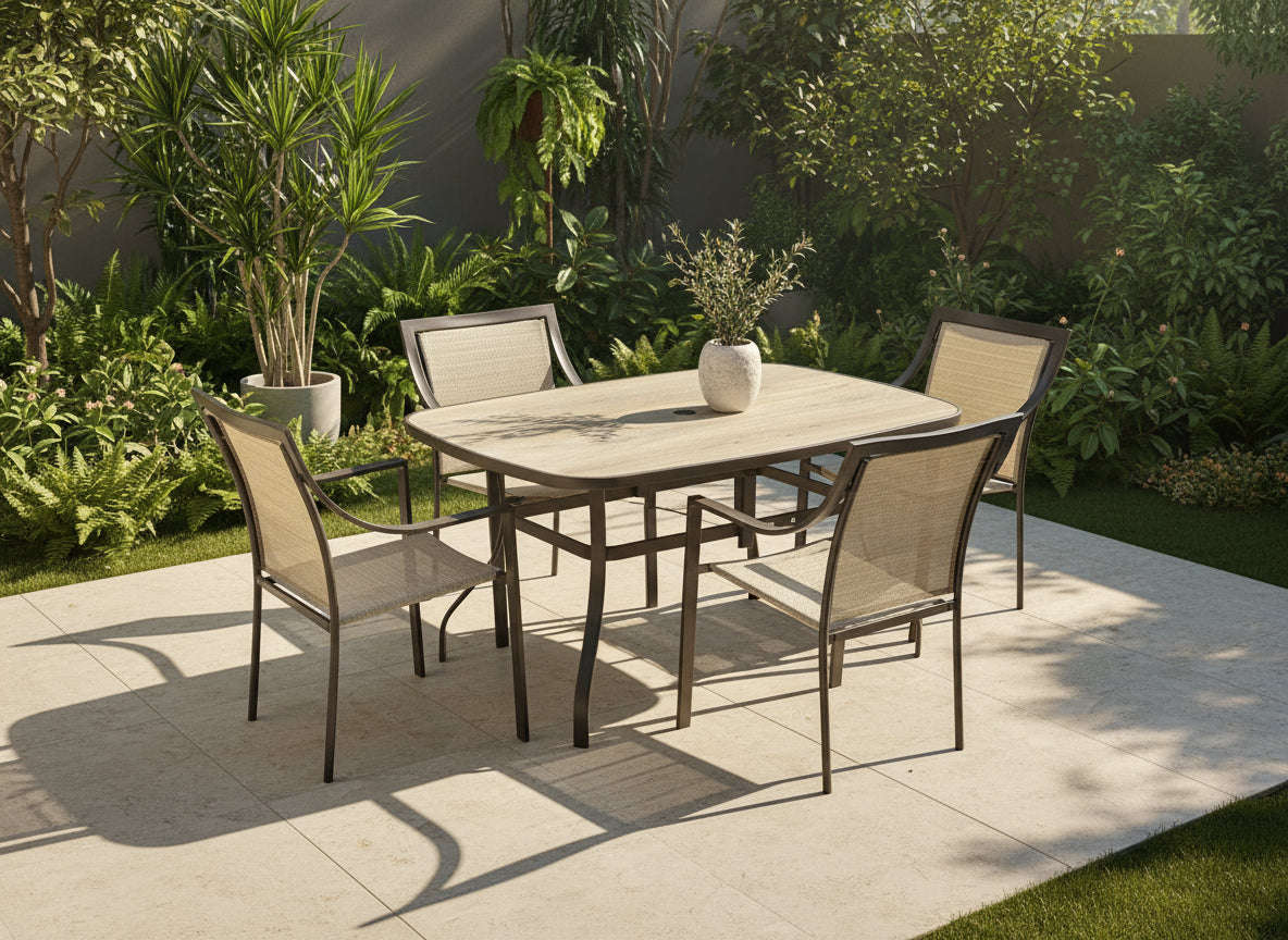MFurn Judy Inspired 5Pc Patio Dining Set with Plastic Marble Look Table Top