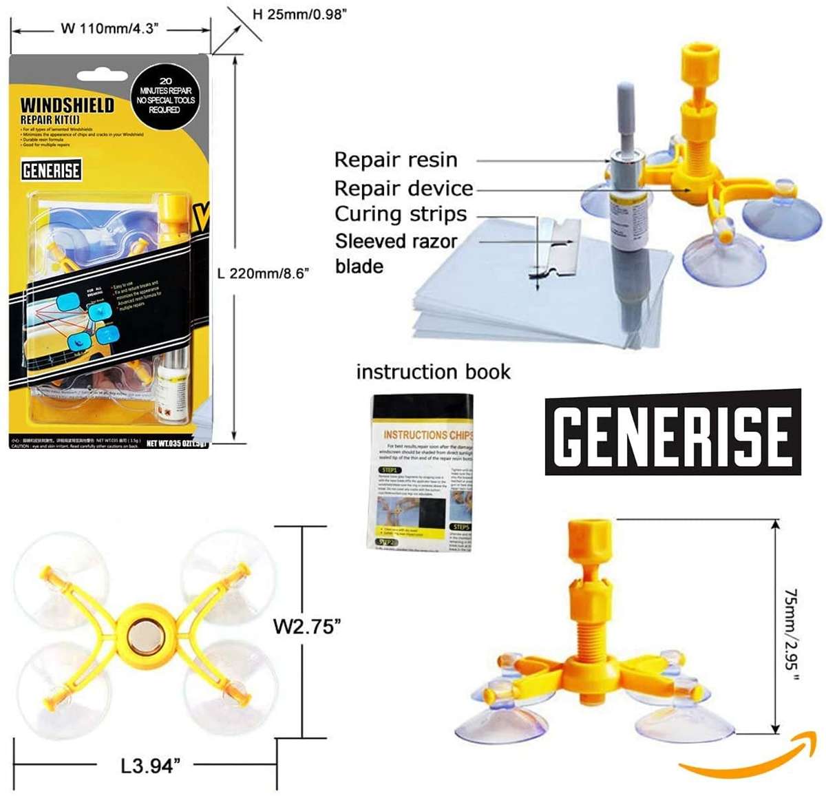 Windscreen Repair Kit Auto Windscreen Chip Repair Kit Tool for Chips, Cracks & Glass Repair - Inc...