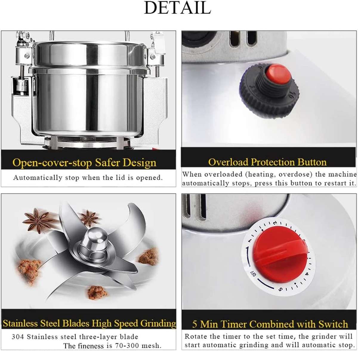 Electric Grain Mill Grinder Safety Upgraded Spice Grinder Pulverizer Stainless Steel Machine for ...