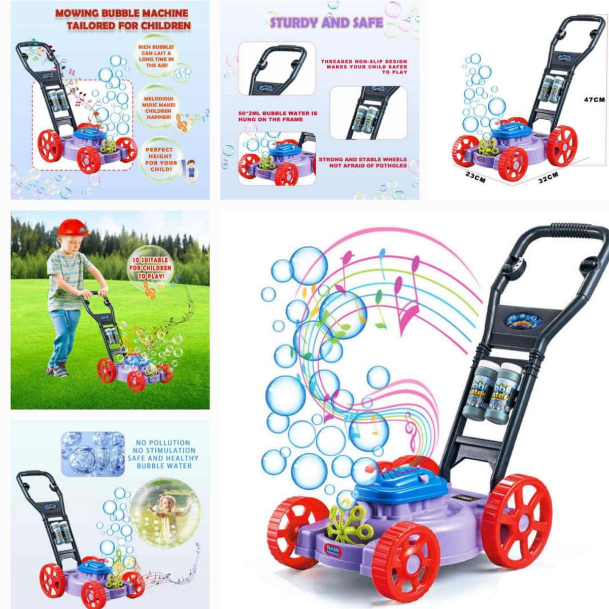 Kids Hand Push Bubble Car Bubble Lawn Mower BLUE
