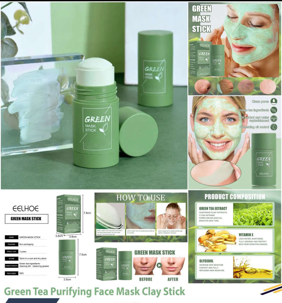 Green Tea Mask Stick Blackhead Remover Deep Cleansing Smearing Clay Moisturizes Oil Control Purif...