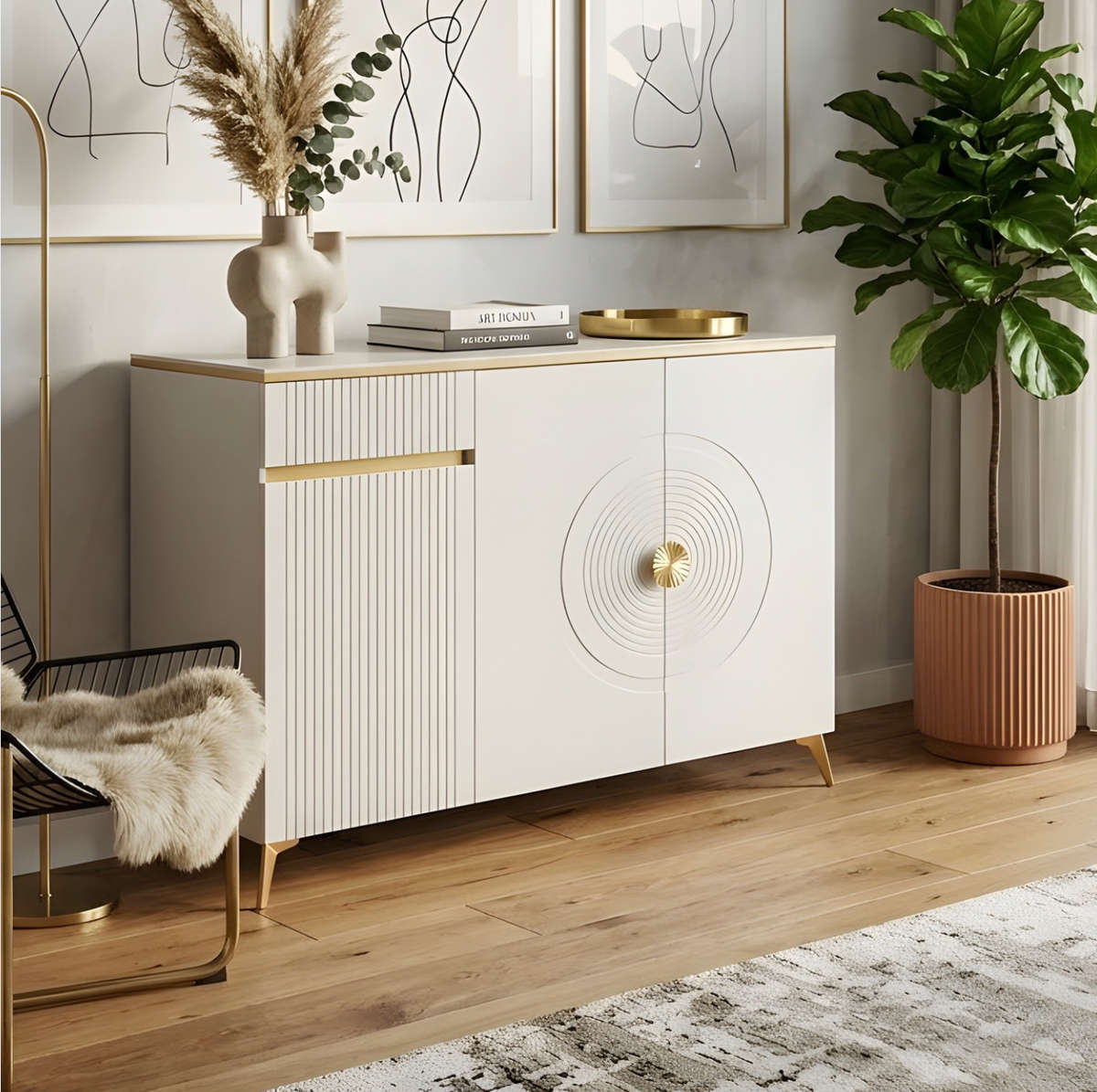MFurn Modern White & Gold Shoe Cabinet  Slim Entryway Storage
