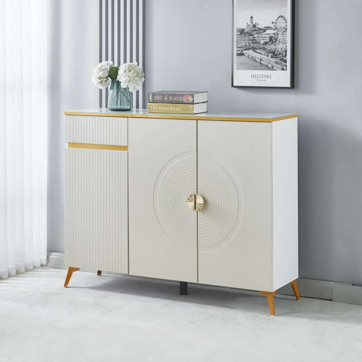 MFurn Modern White & Gold Shoe Cabinet  Slim Entryway Storage