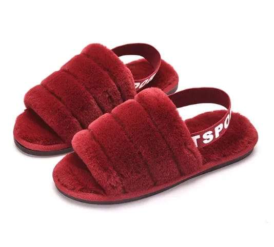 Fuzzy Slippers Slides with Strap for Women - BURGUNDY / 36/37