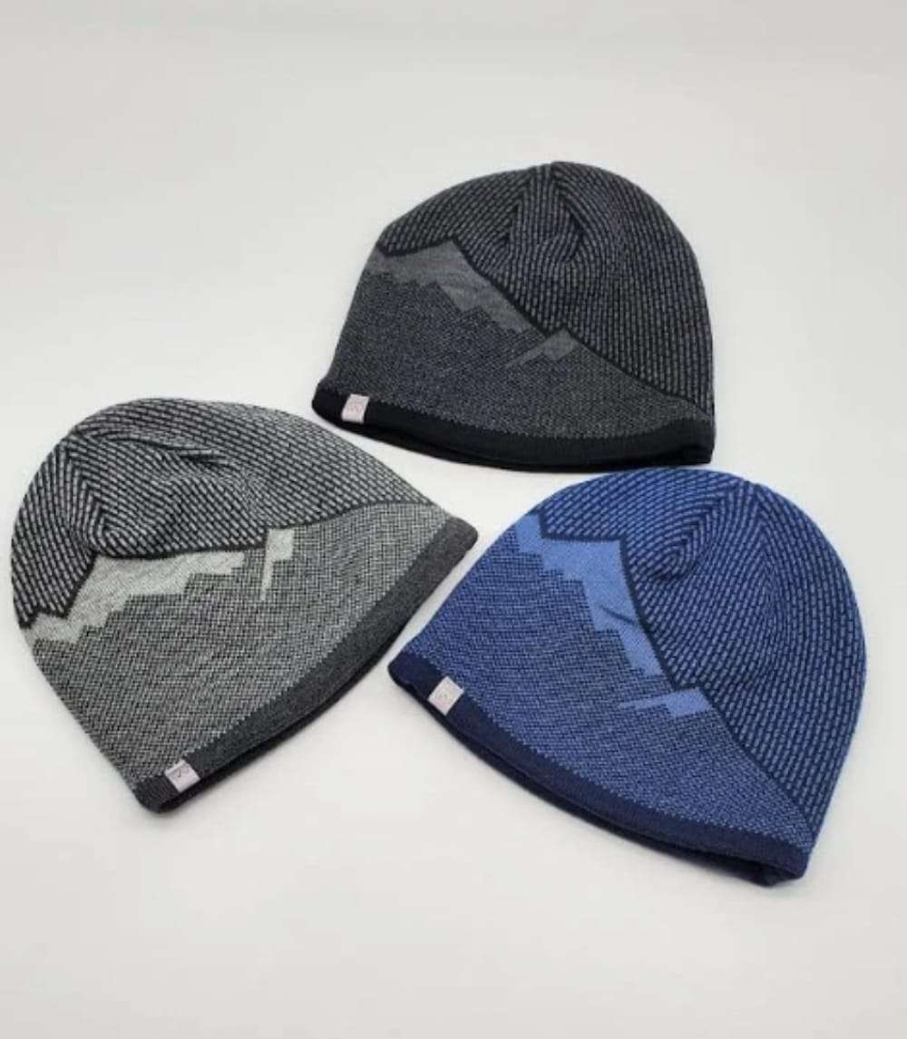 Sherpa Lined Knit Beanie  Warm Winter Hat with Mountain Pattern