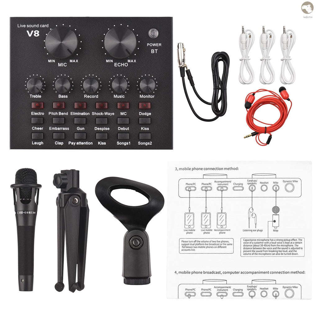 V8 External Live Sound Card Microphone Set Mini Sound Mixer Board for Live Streaming Karaoke Sing...