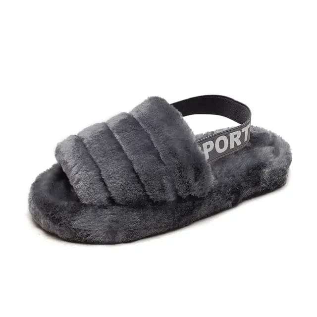 Fuzzy Slippers Slides with Strap for Women - GREY / 36/37