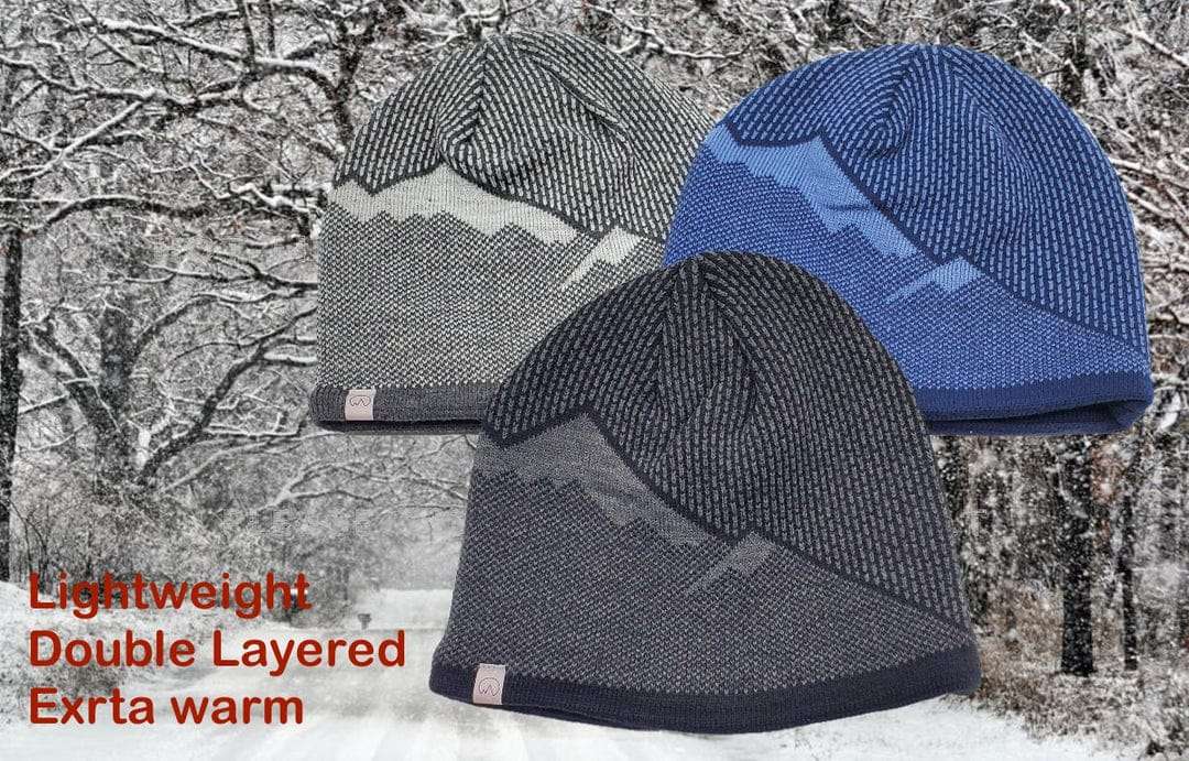 Sherpa Lined Knit Beanie  Warm Winter Hat with Mountain Pattern