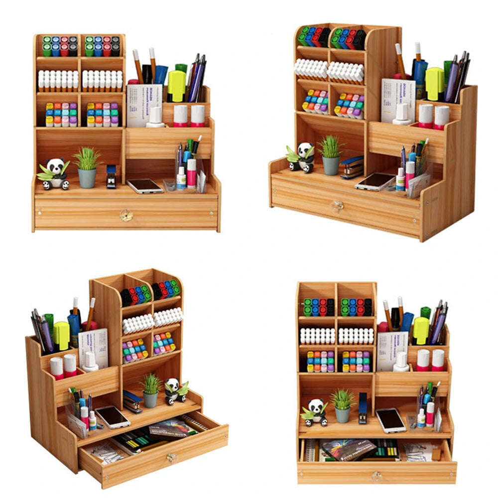 Wooden Desk Organizer Storage Box Modern Student Desktop Pen Rack Office Supplies Multi-functiona...