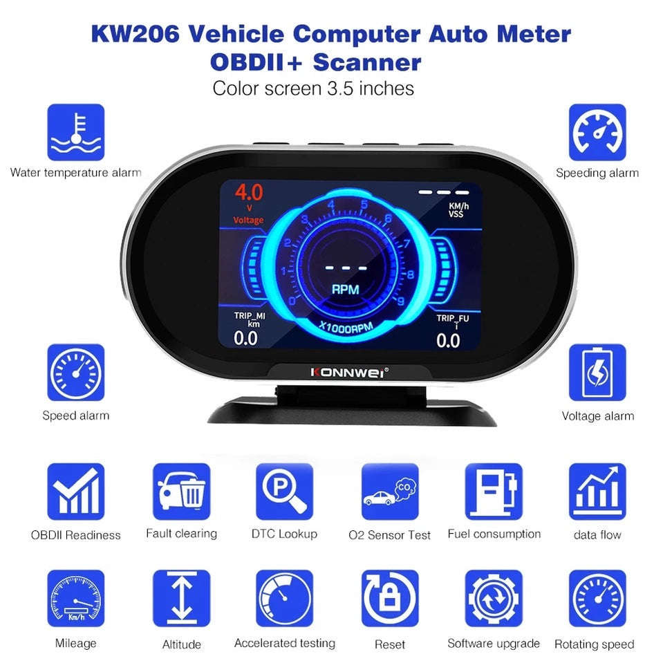 KONNWEI KW206 Auto On-board Computer Gauge + OBD2 Engine Scanner