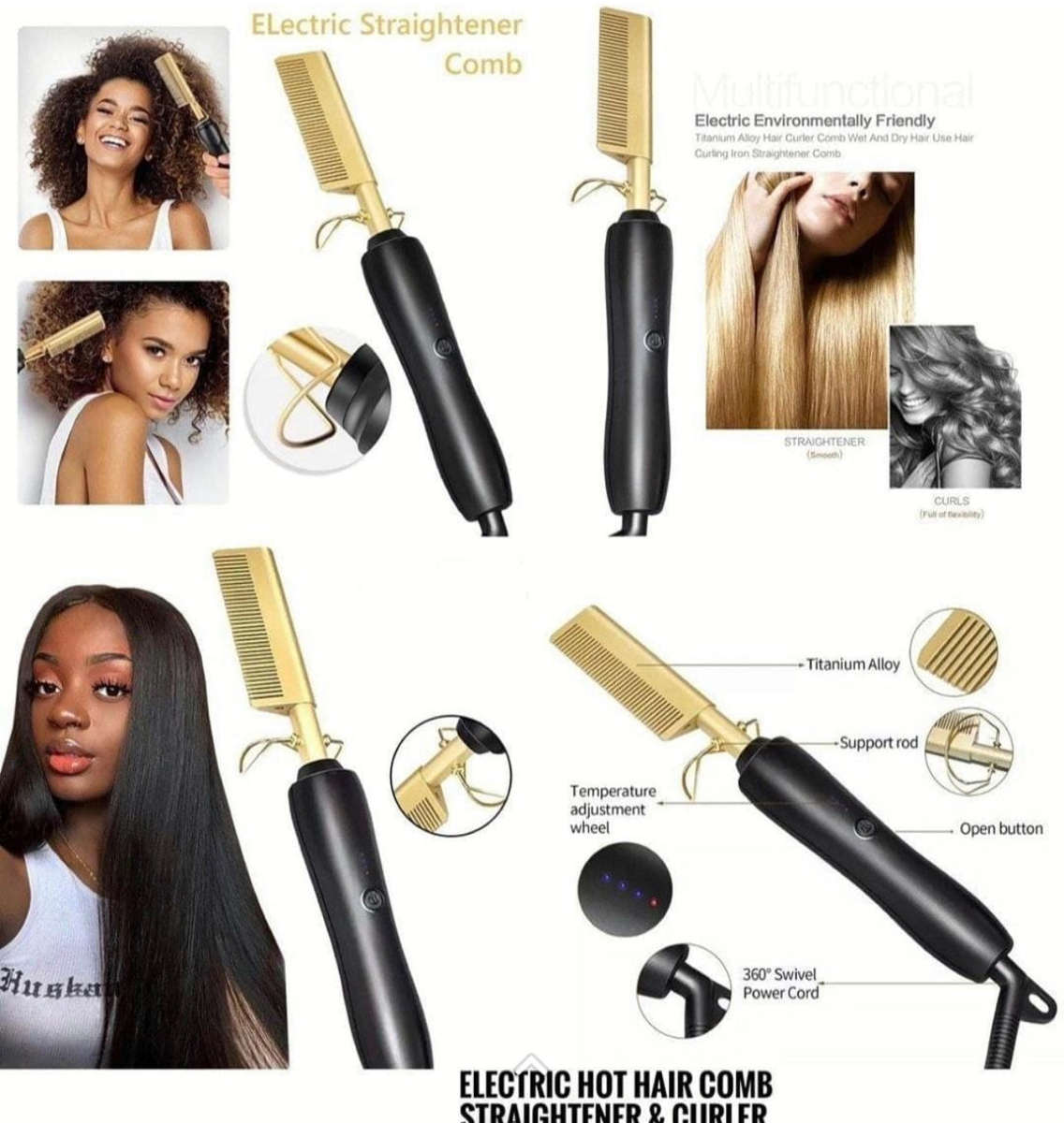 Electric Hot Comb, Hair Straightener Dryer Brush for Ethnic Hair, Wigs, Beards