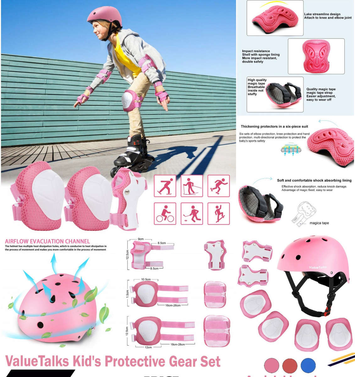 ValueTalks Kid's Protective Gear Set, 7 in 1 Kids Adjustable Helmet Suitable for Ages 3-8