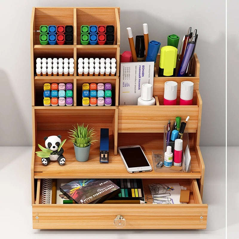 Wooden Desk Organizer Storage Box Modern Student Desktop Pen Rack Office Supplies Multi-functiona...