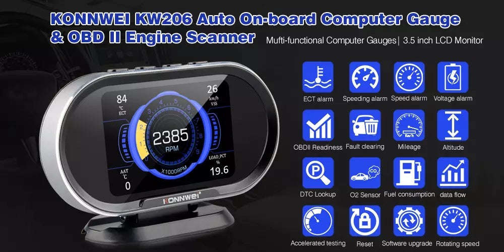 KONNWEI KW206 Auto On-board Computer Gauge + OBD2 Engine Scanner