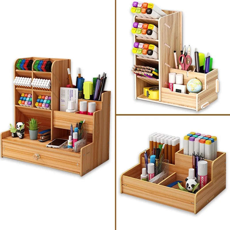 Wooden Desk Organizer Storage Box Modern Student Desktop Pen Rack Office Supplies Multi-functiona...