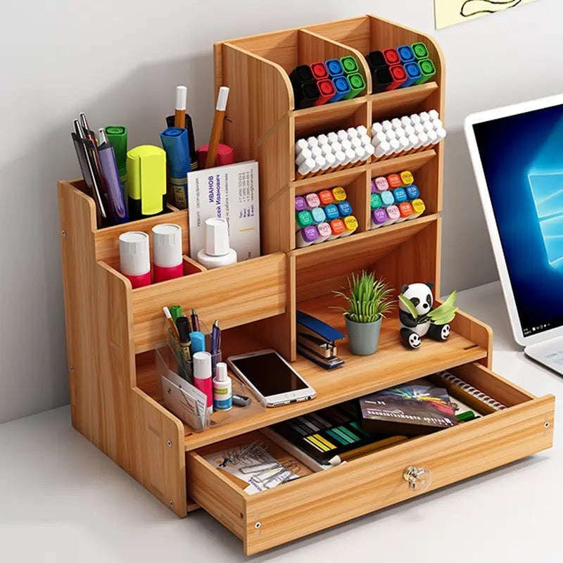 Wooden Desk Organizer Storage Box Modern Student Desktop Pen Rack Office Supplies Multi-functiona...
