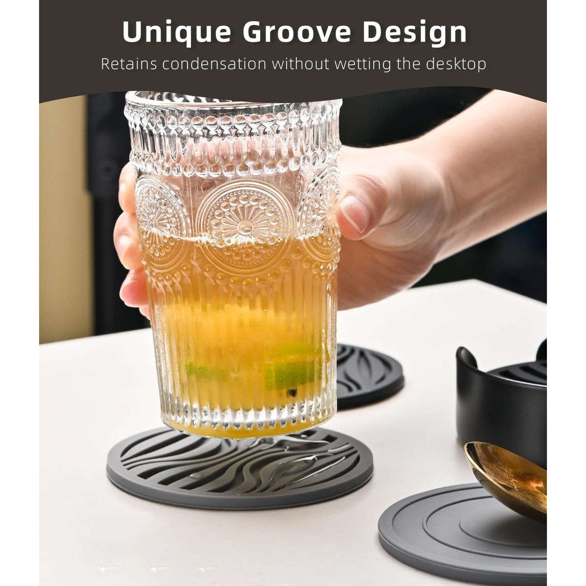 6 Pack Silicone Coasters Set With Holder For Drink Cup Barware - Grey