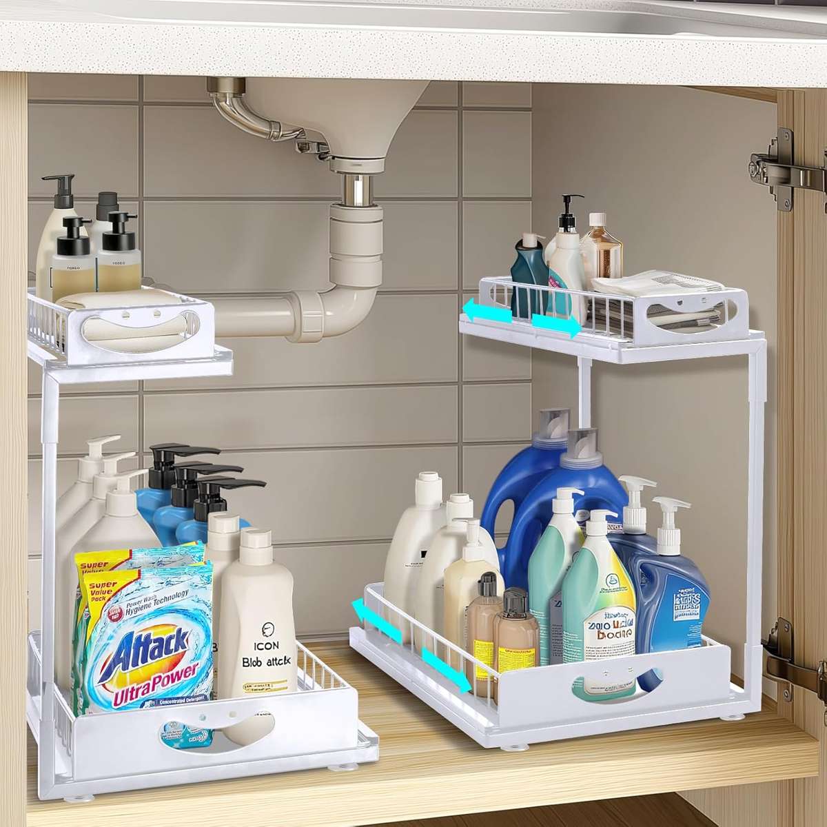 2-Pack Under Sink Organiser Kitchen Bathroom Pull Out Storage Shelves-White