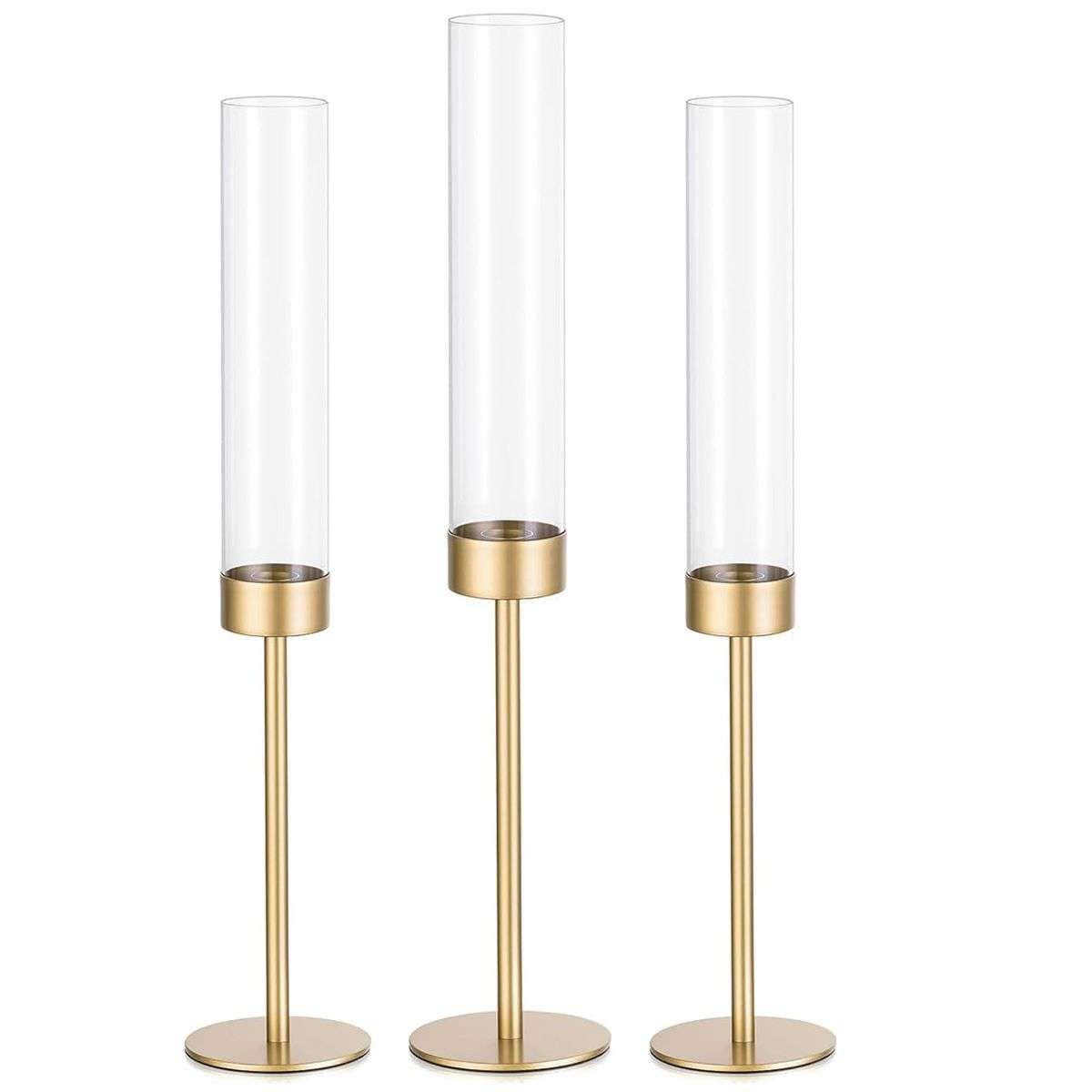 3 Piece Gold Hurricane Candle Holders Tall Brass & Glass Taper Candle Holders