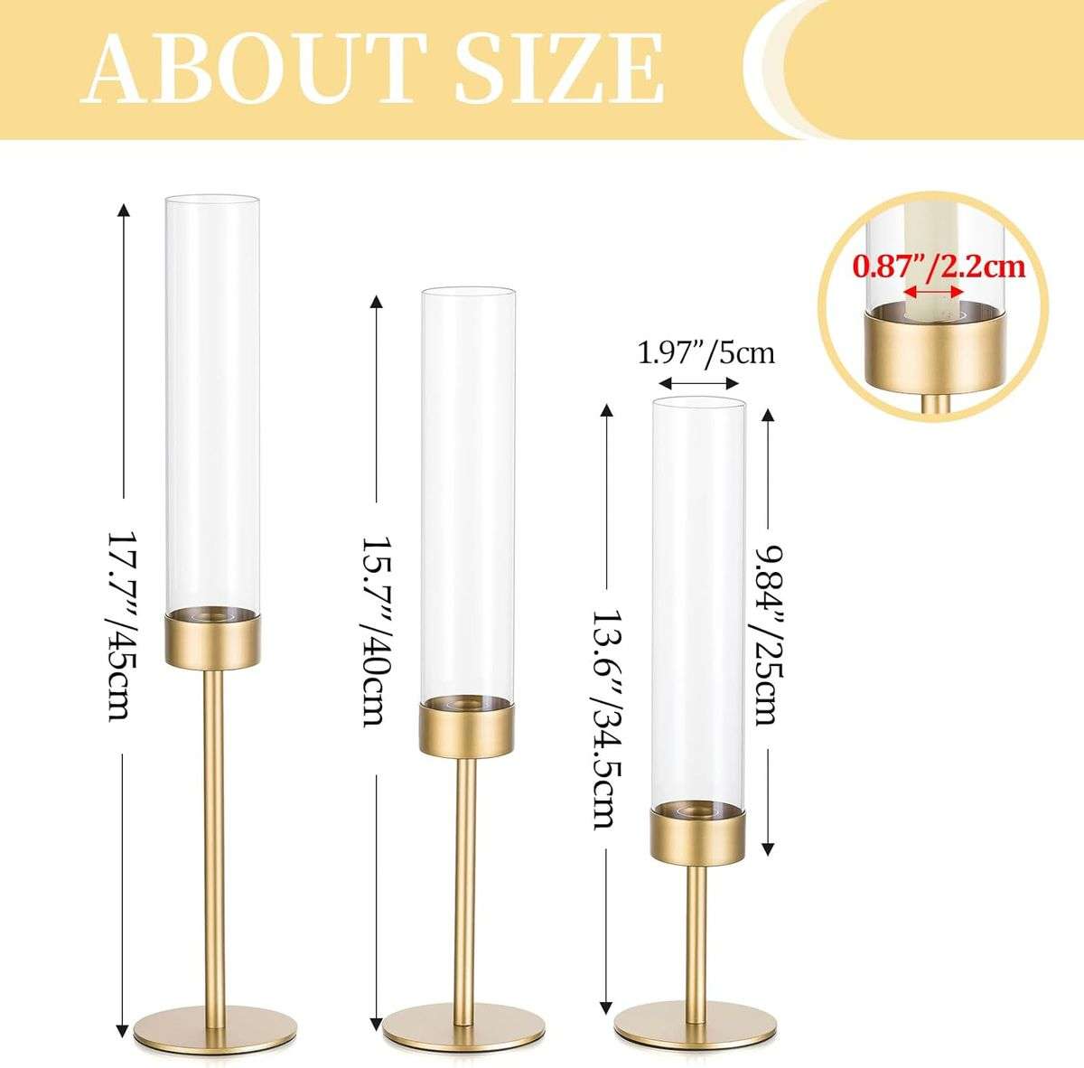 3 Piece Gold Hurricane Candle Holders Tall Brass & Glass Taper Candle Holders