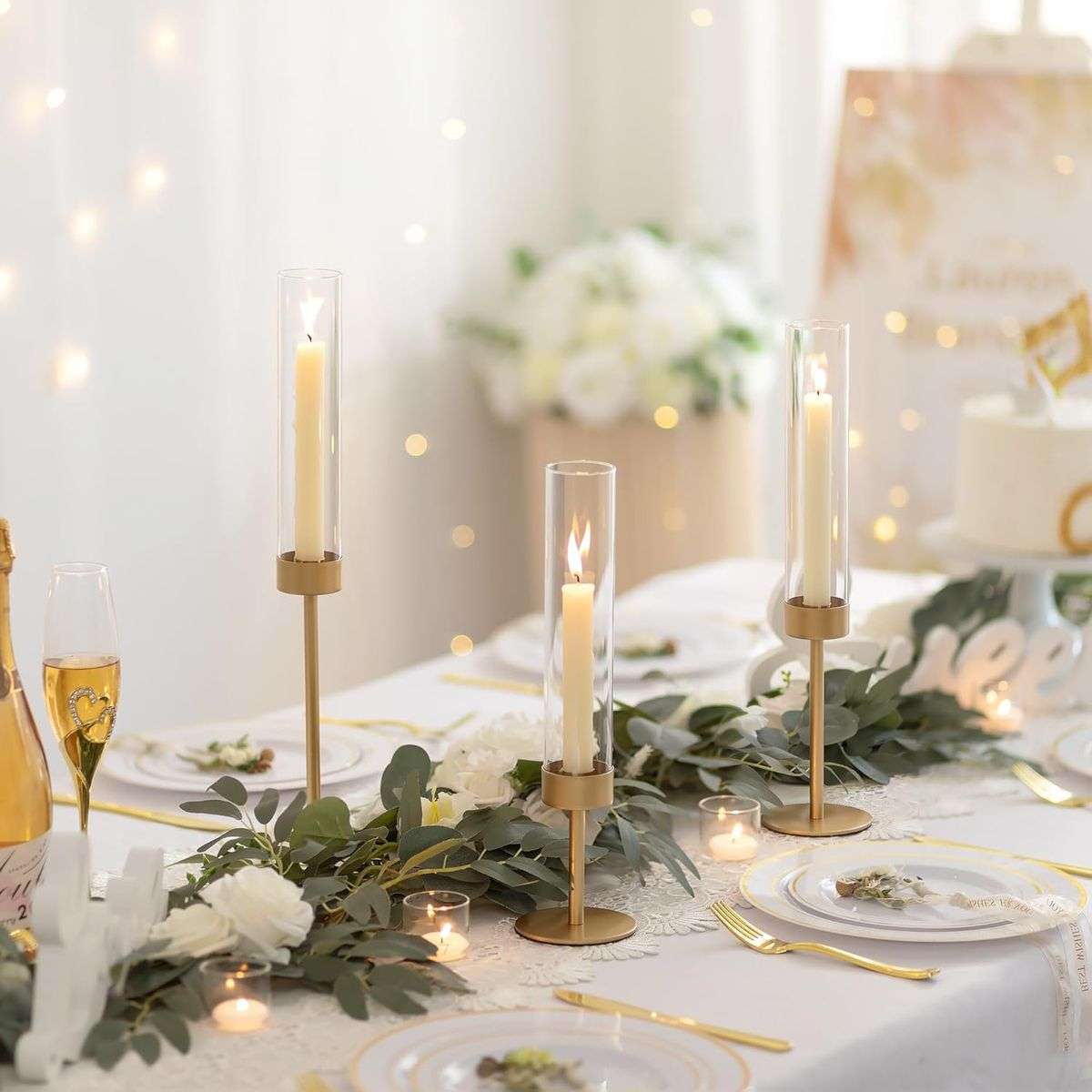 3 Piece Gold Hurricane Candle Holders Tall Brass & Glass Taper Candle Holders