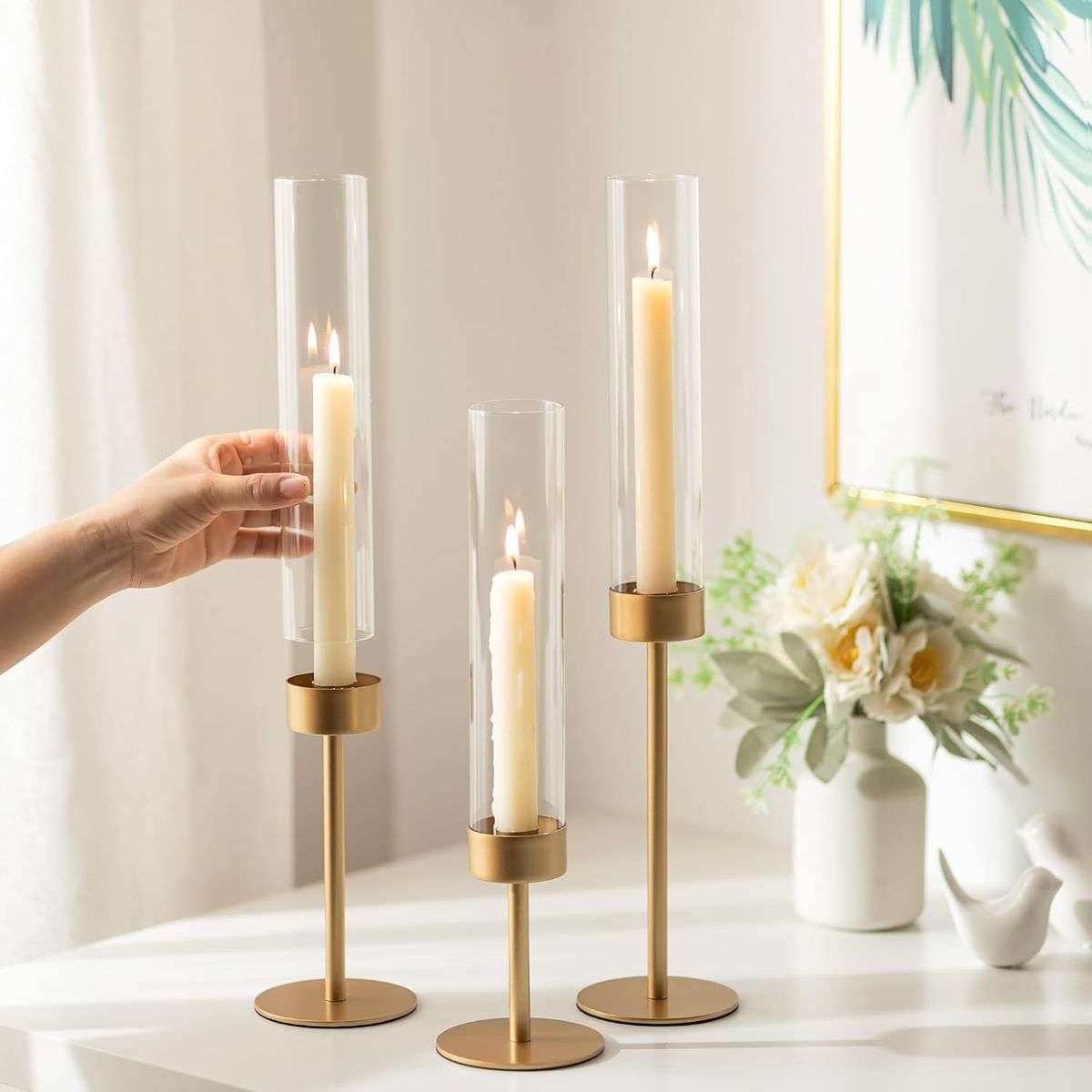 3 Piece Gold Hurricane Candle Holders Tall Brass & Glass Taper Candle Holders