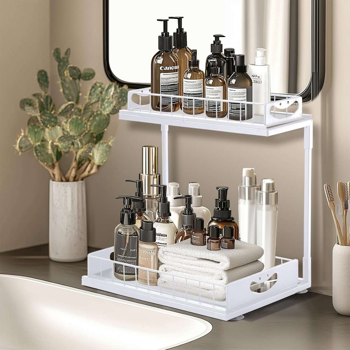 2-Pack Under Sink Organiser Kitchen Bathroom Pull Out Storage Shelves-White