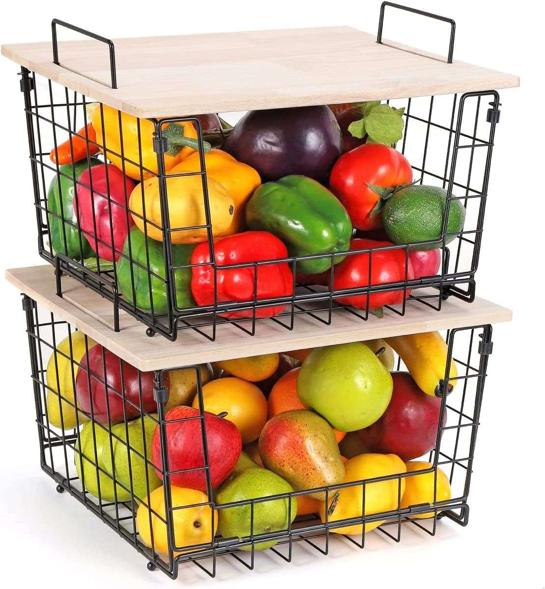 2x Metal Kitchen Counter Baskets -Organiser- Bamboo Top Pantry Storage Bins