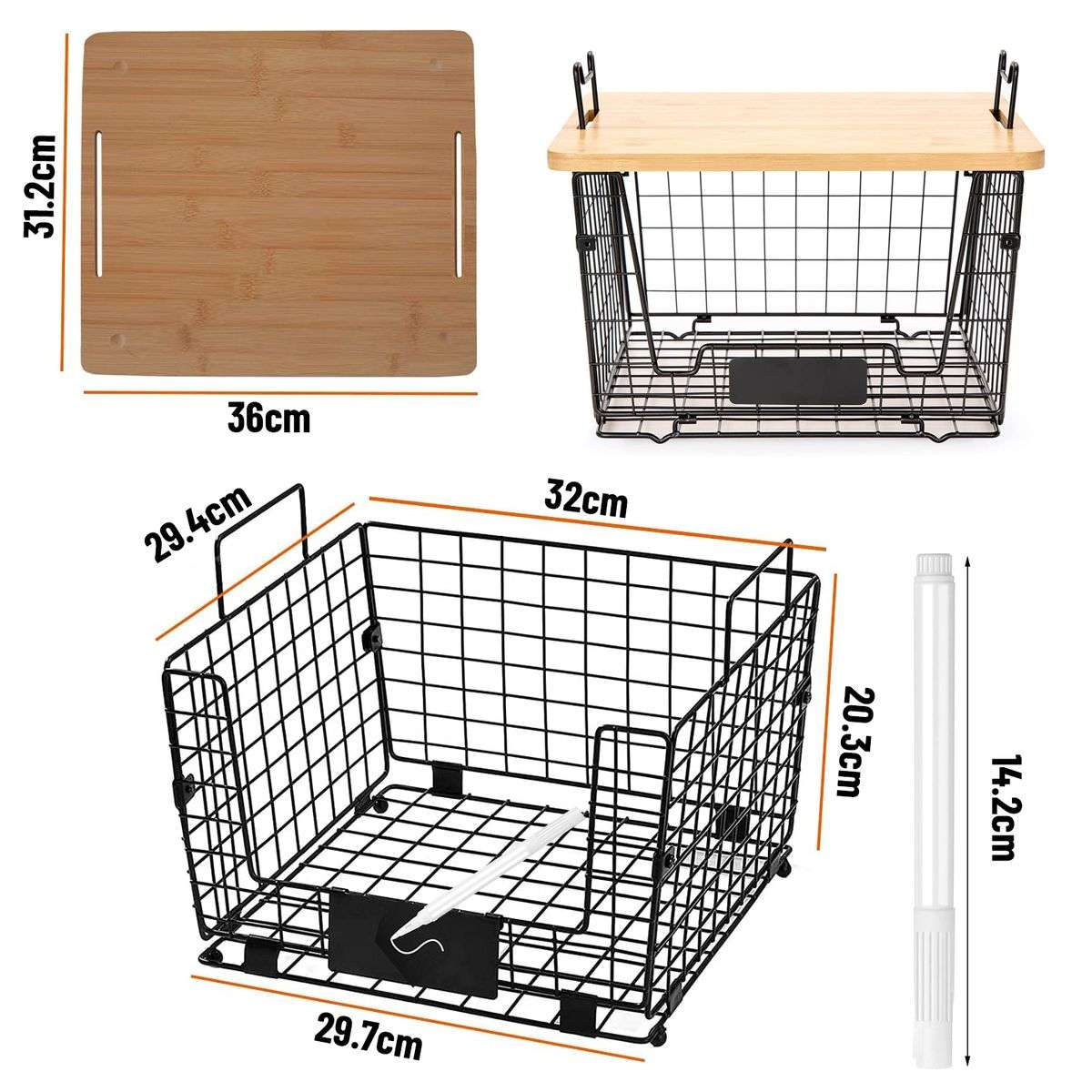 2x Metal Kitchen Counter Baskets -Organiser- Bamboo Top Pantry Storage Bins