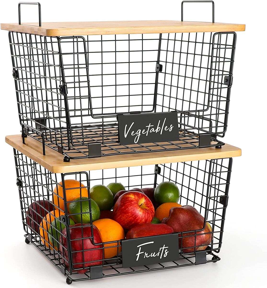 2x Metal Kitchen Counter Baskets -Organiser- Bamboo Top Pantry Storage Bins