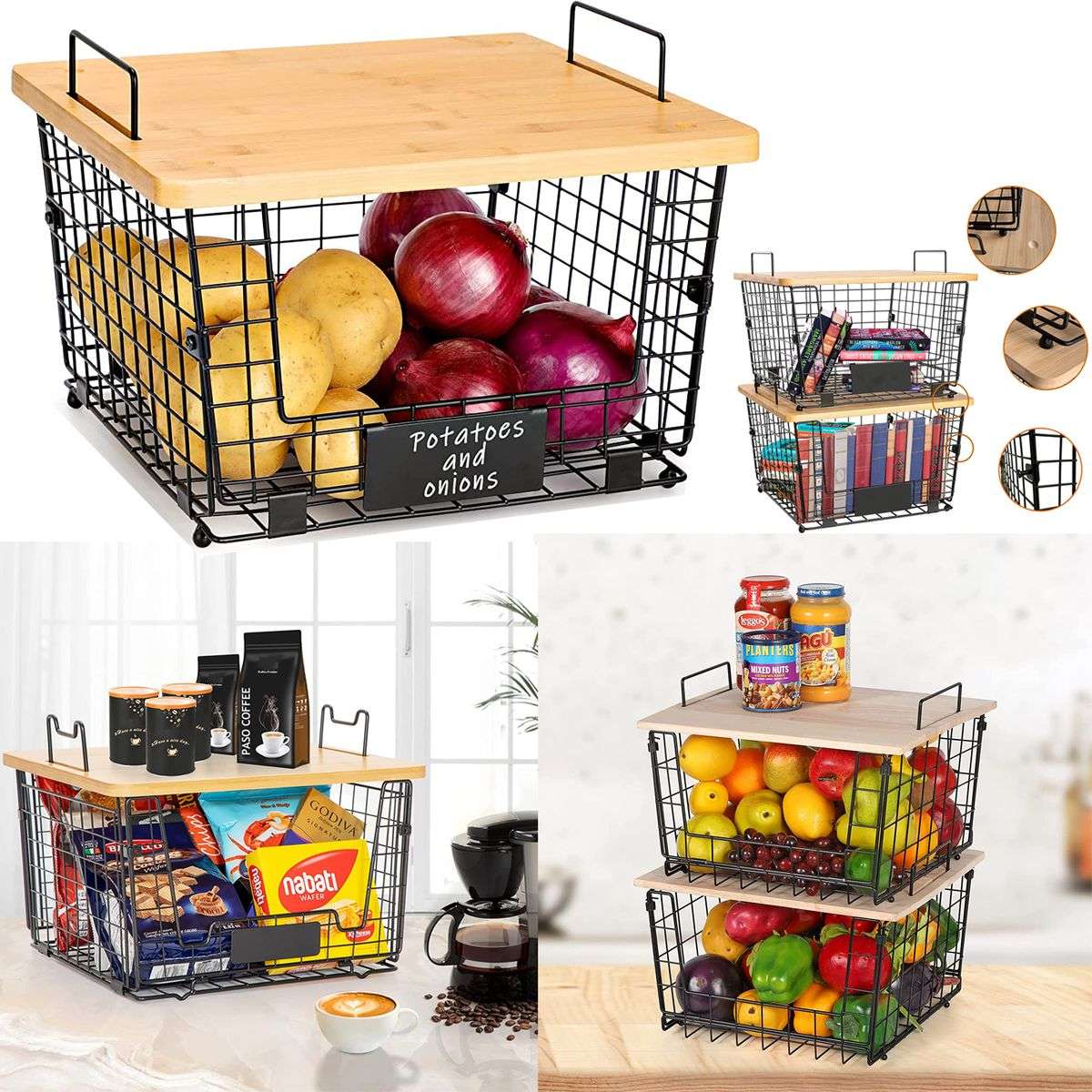 2x Metal Kitchen Counter Baskets -Organiser- Bamboo Top Pantry Storage Bins