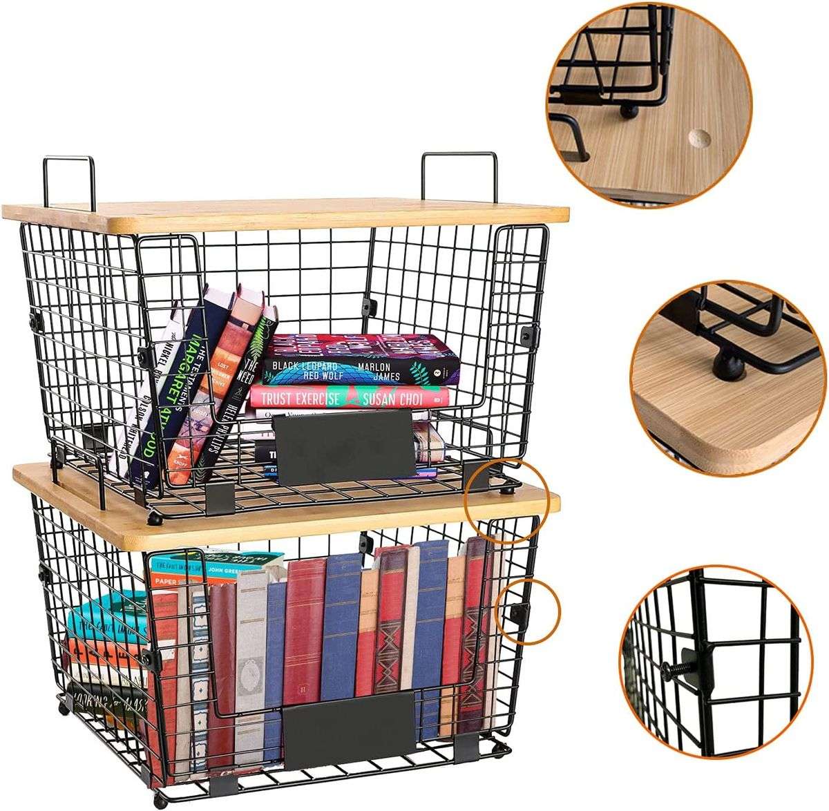 2x Metal Kitchen Counter Baskets -Organiser- Bamboo Top Pantry Storage Bins