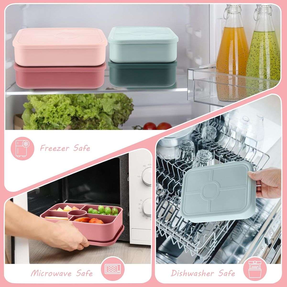 Bento Lunch Box Reusable Leak-Proof Meal Prep Silicone Snack Container - Pink