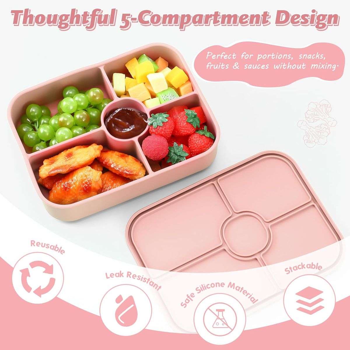 Bento Lunch Box Reusable Leak-Proof Meal Prep Silicone Snack Container - Pink