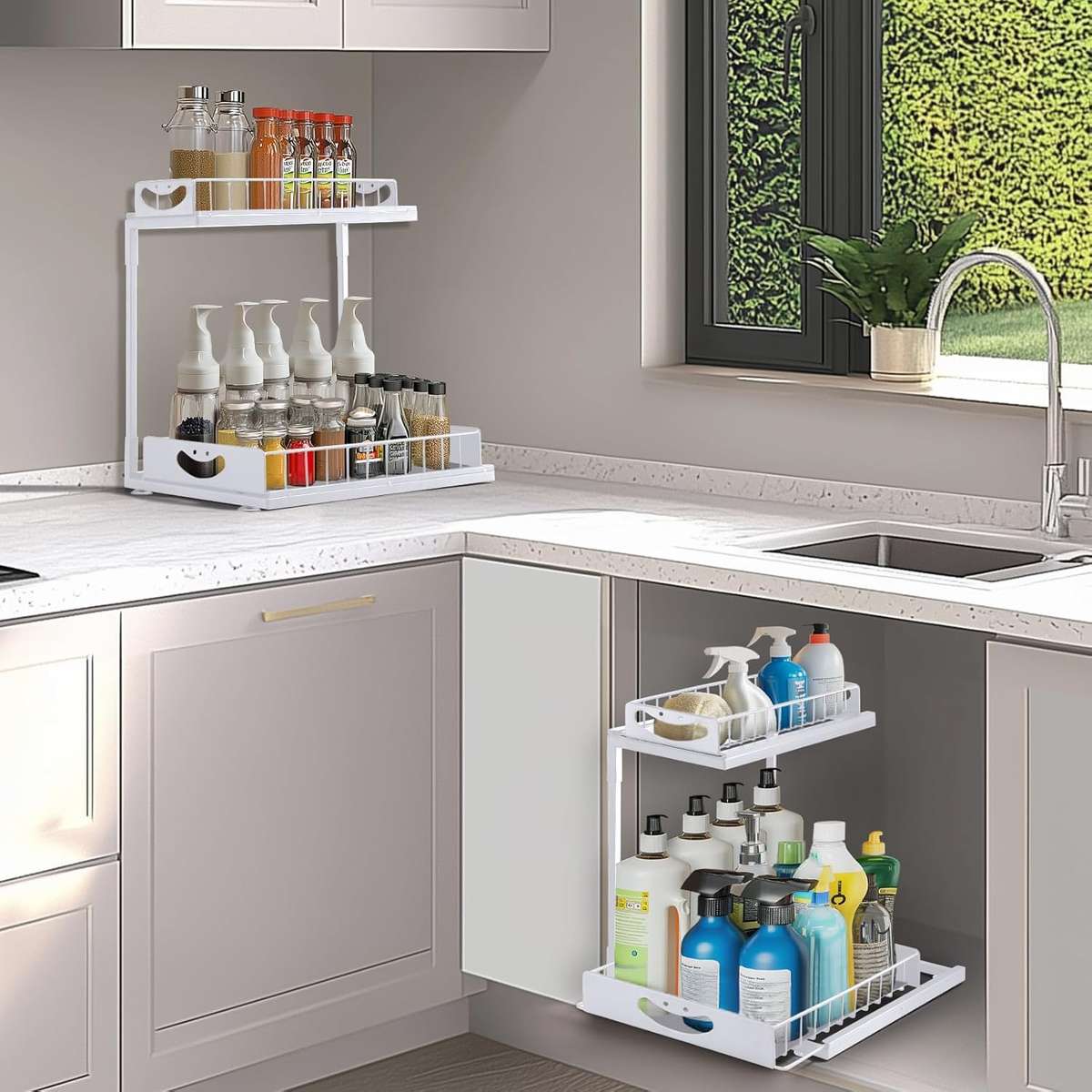 2-Pack Under Sink Organiser Kitchen Bathroom Pull Out Storage Shelves-White