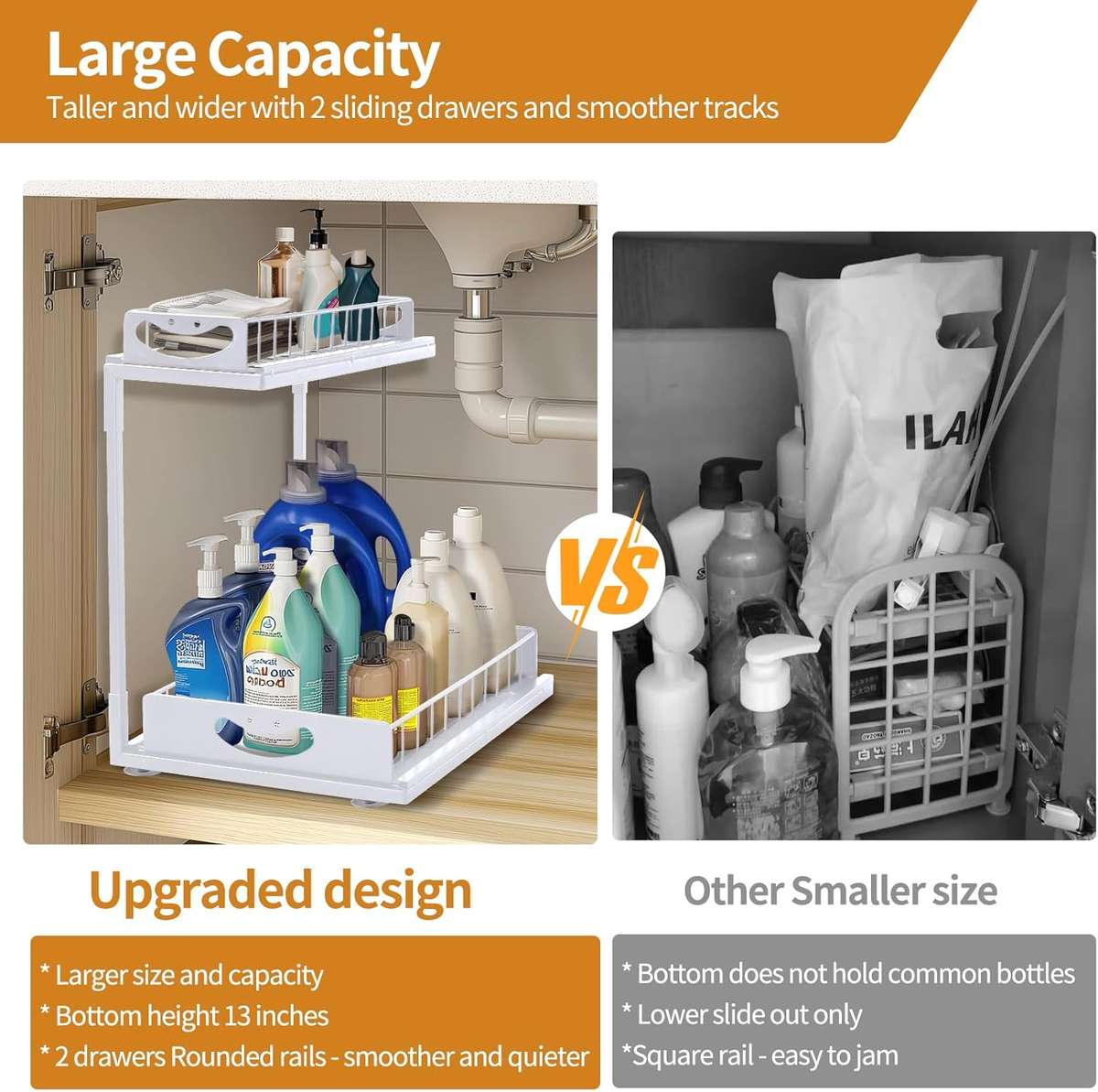 2-Pack Under Sink Organiser Kitchen Bathroom Pull Out Storage Shelves-White