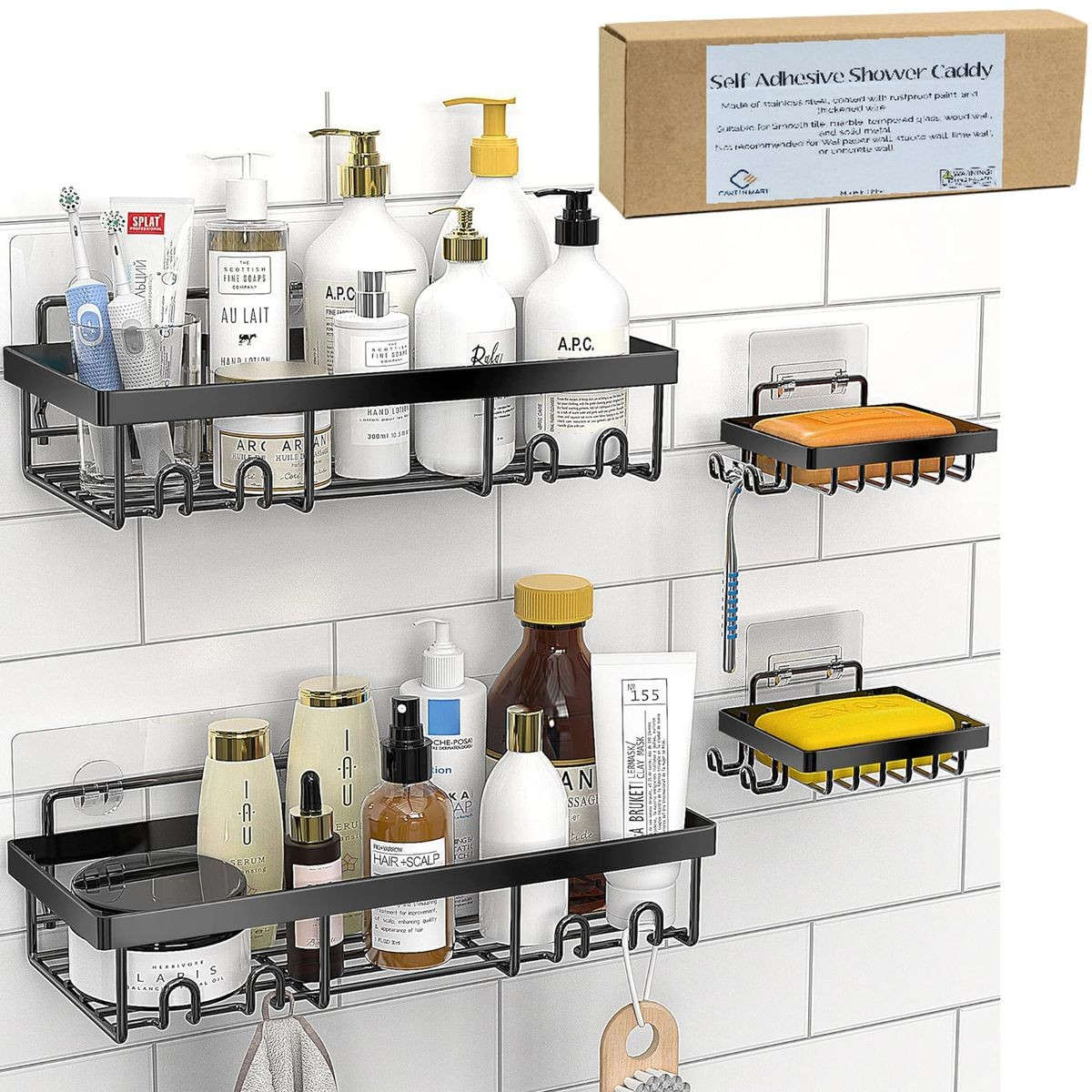 Adhesive Shower Caddy No Drill Organiser with 2 Soap Holder, Hooks - 6 Piece