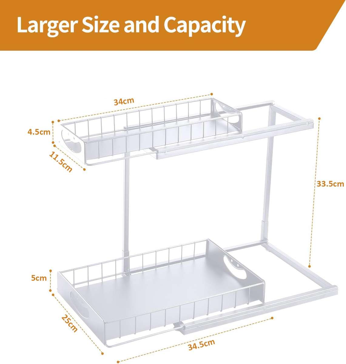 2-Pack Under Sink Organiser Kitchen Bathroom Pull Out Storage Shelves-White