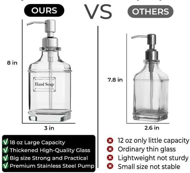2 Pack Glass Soap Dispenser Clear Antique Design Silver Steel Pump & Labels