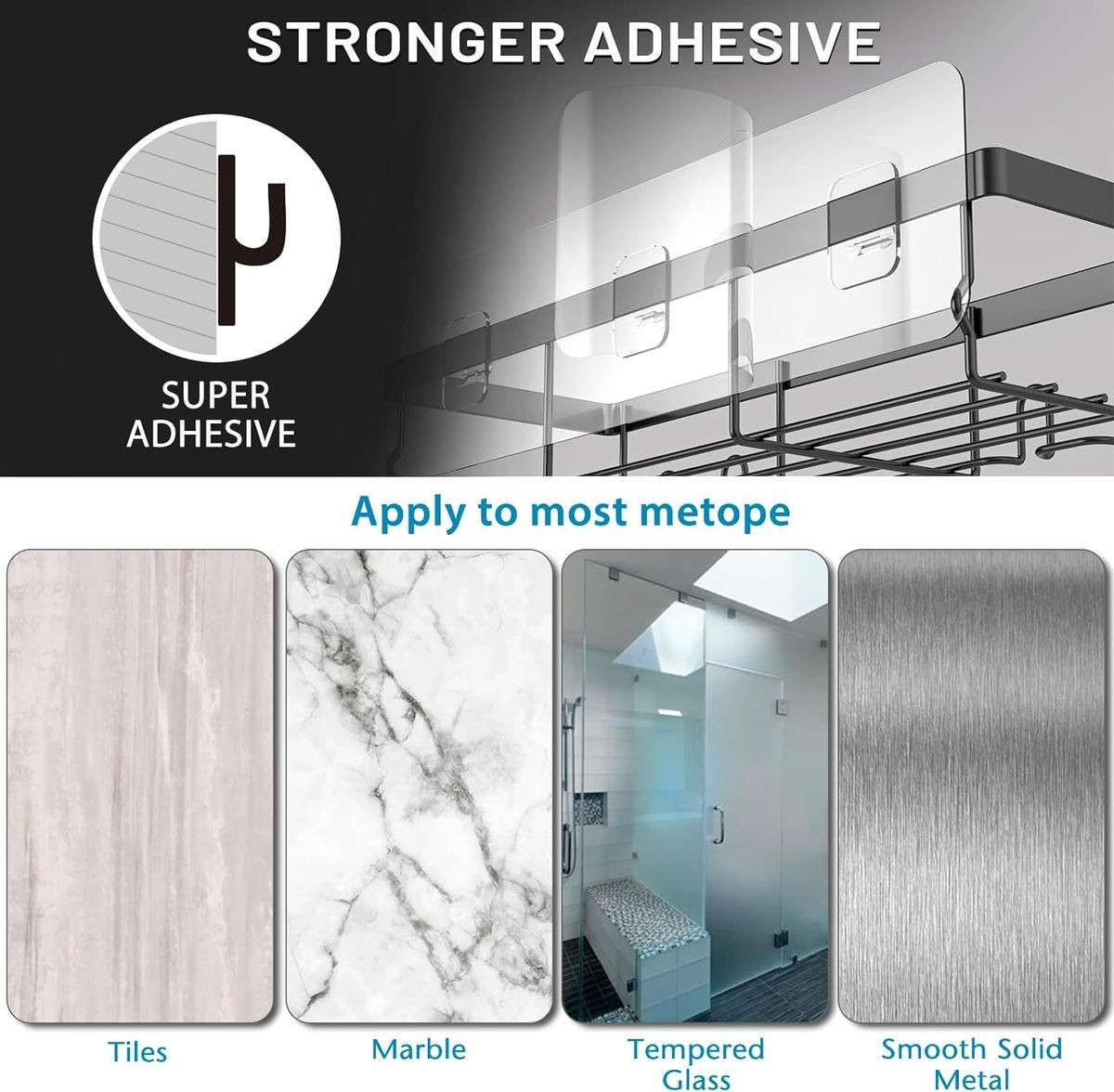 Adhesive Shower Caddy No Drill Organiser with 2 Soap Holder, Hooks - 6 Piece