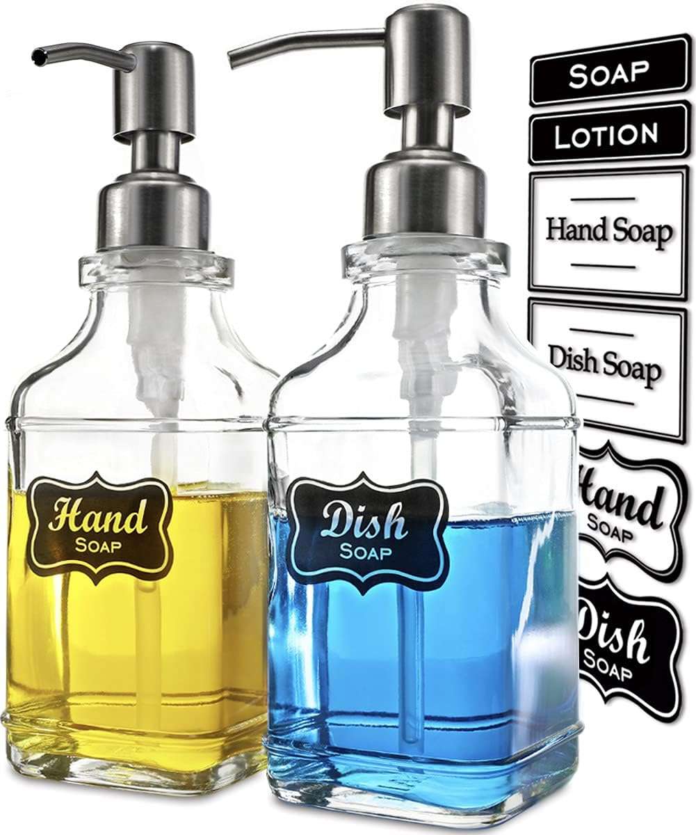 2 Pack Glass Soap Dispenser Clear Antique Design Silver Steel Pump & Labels