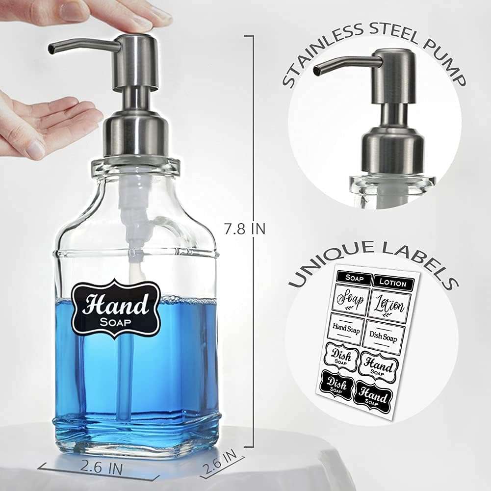 2 Pack Glass Soap Dispenser Clear Antique Design Silver Steel Pump & Labels